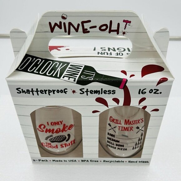 WINE-OH Shatterproof Stemless Wine Glasses BBQ Grill Set 2 NIB 16oz Novelty - Picture 4 of 7